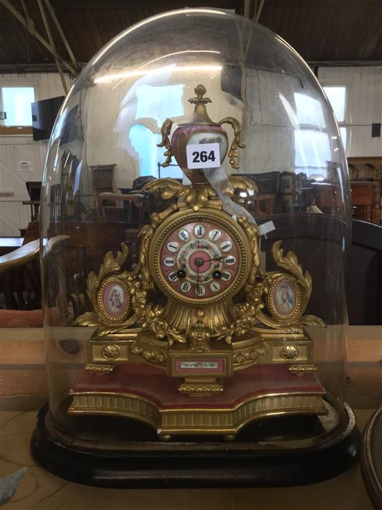 French gilt and porcelain mantel clock, with stand and dome